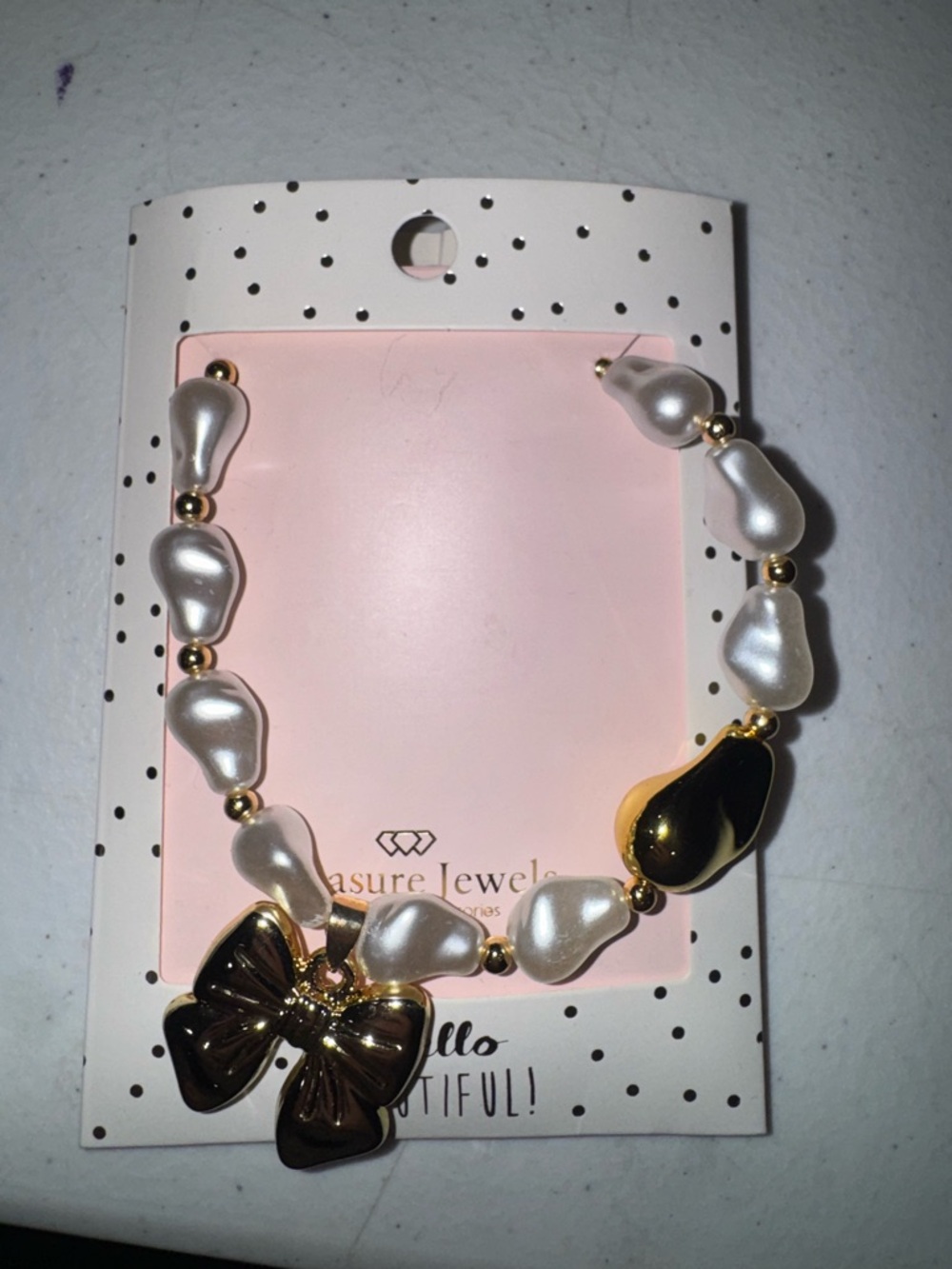 Pearl Bead Bracelet with Gold Bow Charm - White & Gold